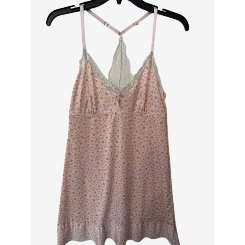 Lauren Ashley Pink Floral Lace Nightdress Medium Daisy Print Racerback Chemise
